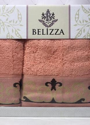 Набор махровых полотенец банное и лицевое belizza турция персиковый 014