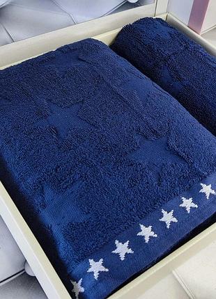 Набор махровых полотенец банное и лицевое belizza турция синий