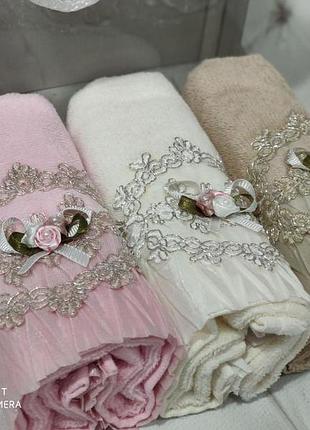 Набор кухонных махровых полотенец с 3d вышивкой в подарочной коробке 3 штуки турция