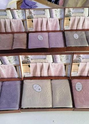 Набор люксовых жаккардовых полотенец банное и лицевое  в подарочной коробке luisa турция мятный3 фото
