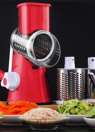 Овощерезка мультислайсер tabletop drum grater kitchen master терка для овощей и фруктов 3 насадки. цвет: красный3 фото