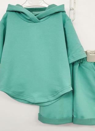 Костюм двойка детский летний худи с коротким рукавом кофта с капюшоном, шорты удлиненные, ментоловый1 фото