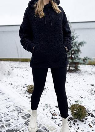 Теплый женский худи зимняя кофта с капюшоном из меха тедди чебурашка барашек худи черное размер 48-524 фото