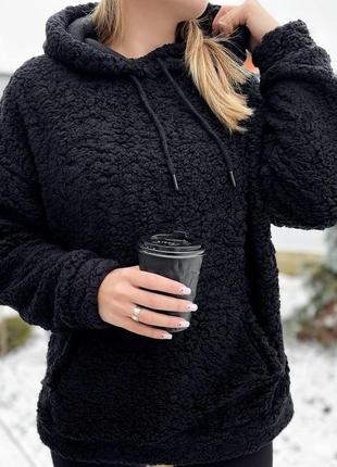 Теплый женский худи зимняя кофта с капюшоном из меха тедди чебурашка барашек худи черное размер 48-522 фото
