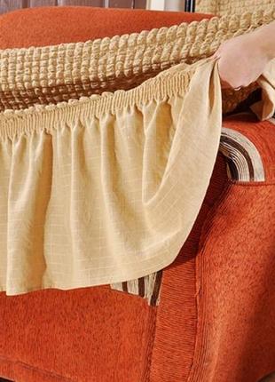 Чехол натяжной с рюшем на угловой диван в подарок чехол на кресло milano горчичный3 фото