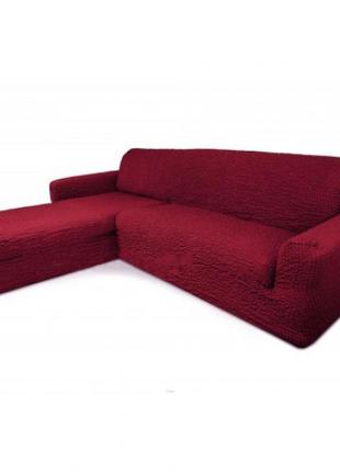Чехол натяжной на угловой диван с выступом оттоманкой milano бордовый. чехол полностью обтянет ваш диван