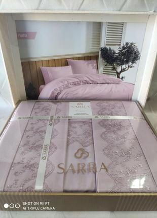 Комплект постільної білизни євро ранфорс з мереживом sarra home туреччина рожевий2 фото