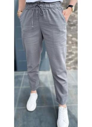 Льняні жіночі брюки сірі літні штани жіночі на гумці із середньою посадкою легкі штани на літо жіночі 40-42 44-46 48-50 розмір