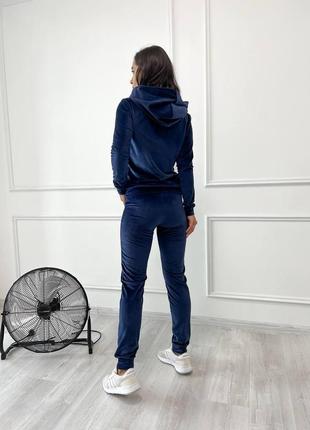 Женский велюровый костюм однотонный спортивный прогулочный брючний с капюшоном рр l xl 48-50 52-54 темно-синий6 фото