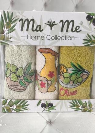 Набор кухонных махровых полотенец с вышивкой в подарочной коробке 3 штуки турция оливка1 фото
