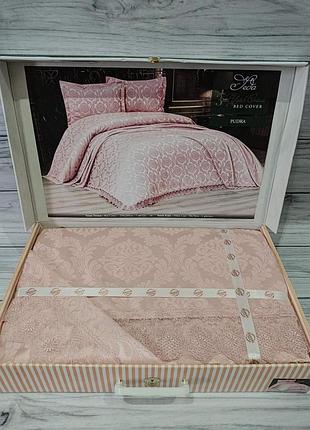 Жаккардовое покрывало люкс с бархатом 240х240см с наволочками karina home pudra