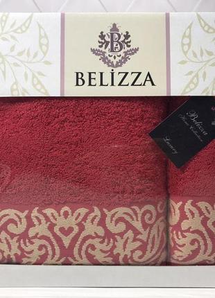 Набор махровых полотенец банное и лицевое belizza турция красный 0311 фото