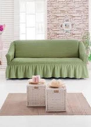 Чехол на диван натяжной с рюшем milano оливковый