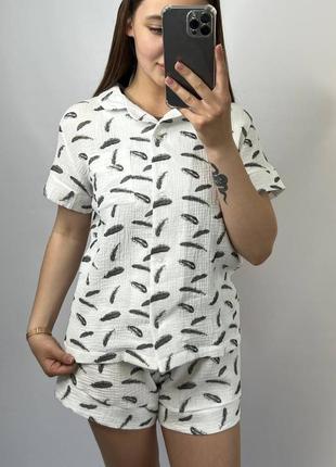 Комплект пижама натуральная муслин рубашка и шорты 8 цветов2 фото