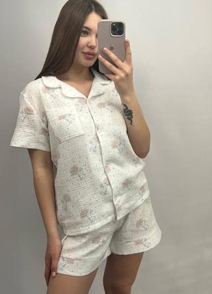 Комплект пижама натуральная муслин рубашка и шорты 8 цветов4 фото