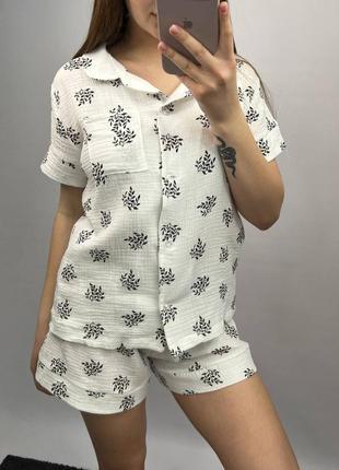 Комплект пижама натуральная муслин рубашка и шорты 8 цветов8 фото