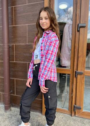 Костюм трійка на дівчинку сорочка + топ+ штани карго, виробник туреччина3 фото