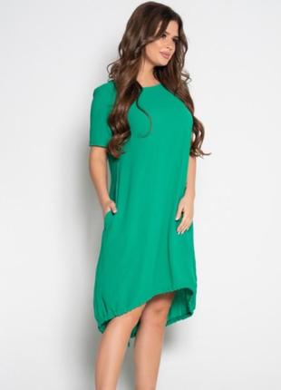 Зеленое свободное платье с короткими рукавами2 фото