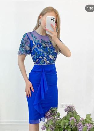 Синее шифоновое платье с вышивкой бисером4 фото