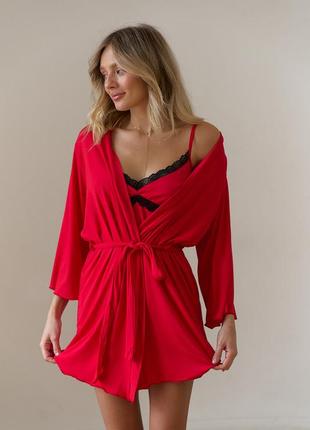 Пеньюар + халат віскоза червоний комплект набір з мереживом ночнушка сорочка комбінація красный