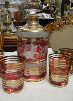Набор для виски графин стаканы 4 шт цветное богемия стекло чехословакия №ст652 фото