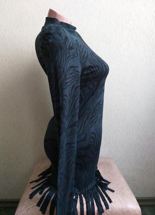 Трикотажное платье с бахромой. лонгслив-водолазка. туника. зебра. зеленый, изумрудный, морская волна.6 фото