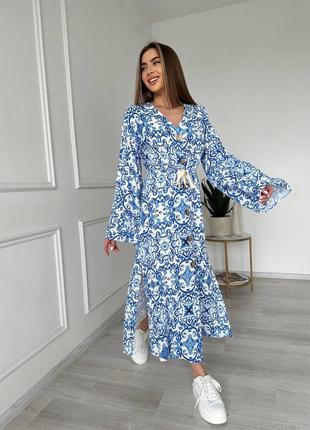 Женское летнее платье миди синяя турция цветочный принт лен5 фото