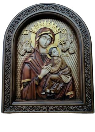 Ікона "божої матері неустанної помочі", ікона з дерева, ікона різьблена з дерева 25х20см.