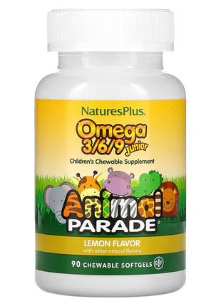 Nature's plus, source of life, animal parade, омега 3/6/9 юніор, натуральний лимонний смак, 90 м'яки