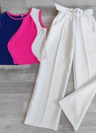Модный детний костюм топ рубчик штаны палаццо #745