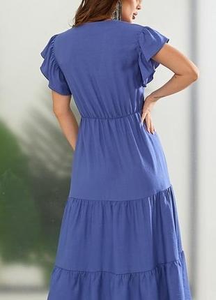 Платье женское миди летнее льняное жатка однотонное синее цвета джинс4 фото