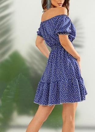 Платье - мини женское короткое летнее спущенное плечо синее4 фото