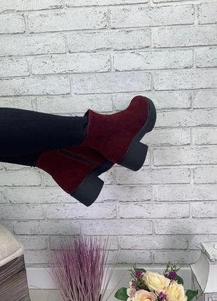 Замшевые бордовые ботинки на удобном каблуке5 фото