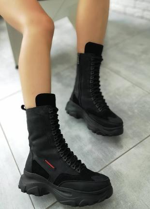 Высокие ботинки берцы черного цвета из натуральной матовой кожи