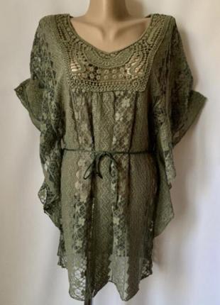 Красивая ажурная удлиненная блузка с вышивкой хлопковая цвет хаки под пояс из италии