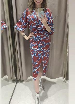 Zara женское платье миди с принтом