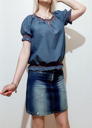 S-m синя коротка натуральна блуза літня бавовна