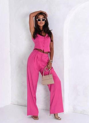 Женский брючный костюм легкий летний базовый на лето деловой офисный черный белый бежевый коричневый розовый брюки палаццо жилетка6 фото