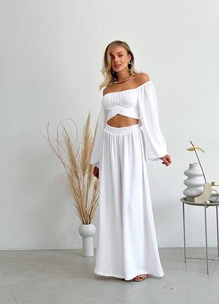 Роскошный брючный костюм двойка кроп топ блуза кофточка с корсетным лифом с завязками брюки юбка широкие расклешенные палаццо голубой белый пудровый