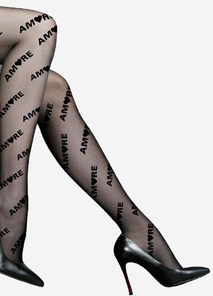 Фантазійні чорні жіночі колготки з малюнком по всій нозі з написом amore2 фото