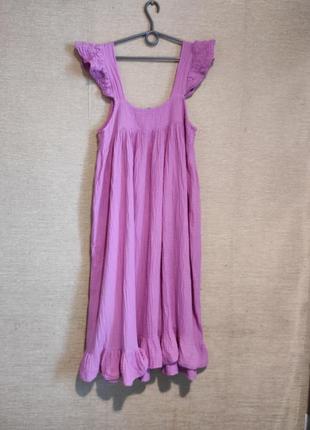 Розовое муслиновое платье сарафан миди свободного кроя5 фото