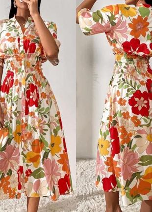 Красива коттонова сукня міді плаття сорочка в квітковий принт zara