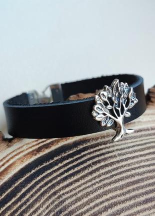 Срібний браслет на шкірі "дерево життя"1 фото