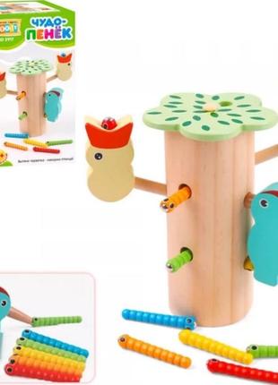 Дерев'яна іграшка чудо пенек, нагодуй пташку, дятлик, сортер, червячки, накорми птенца, магнітна іграшка дерево птахи1 фото