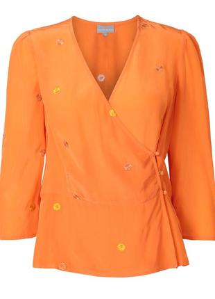 Летняя блуза на запах оранжевого цвета с вышитыми цветками oliver bonas