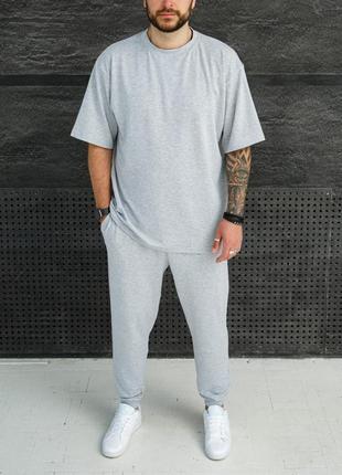 Чоловічий літній сірий оверсайз костюм футболка з штанами літній комплект штани та футболка4 фото