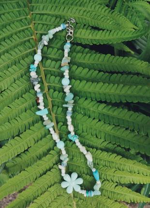 Ожерелье из натуральных камушков амазонит, речные жемчужины, магнезит, бирюза5 фото