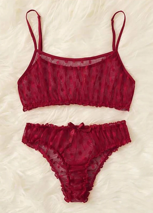 Бордовый полупрозрачный комплект белья в горошек