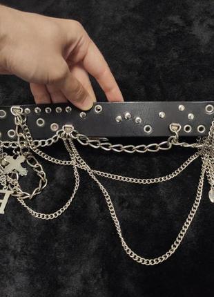 Kookai m / l кожаный черный женский пояс с цепями заклепками крестом буквами sex ремень