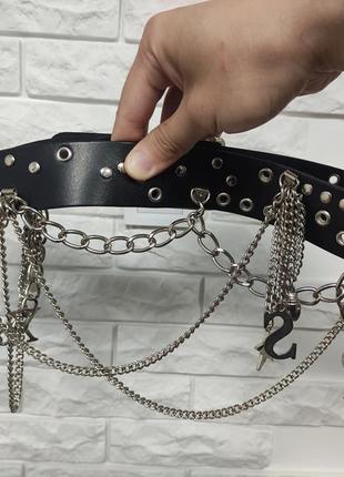 Kookai m / l кожаный черный женский пояс с цепями заклепками крестом буквами sex ремень